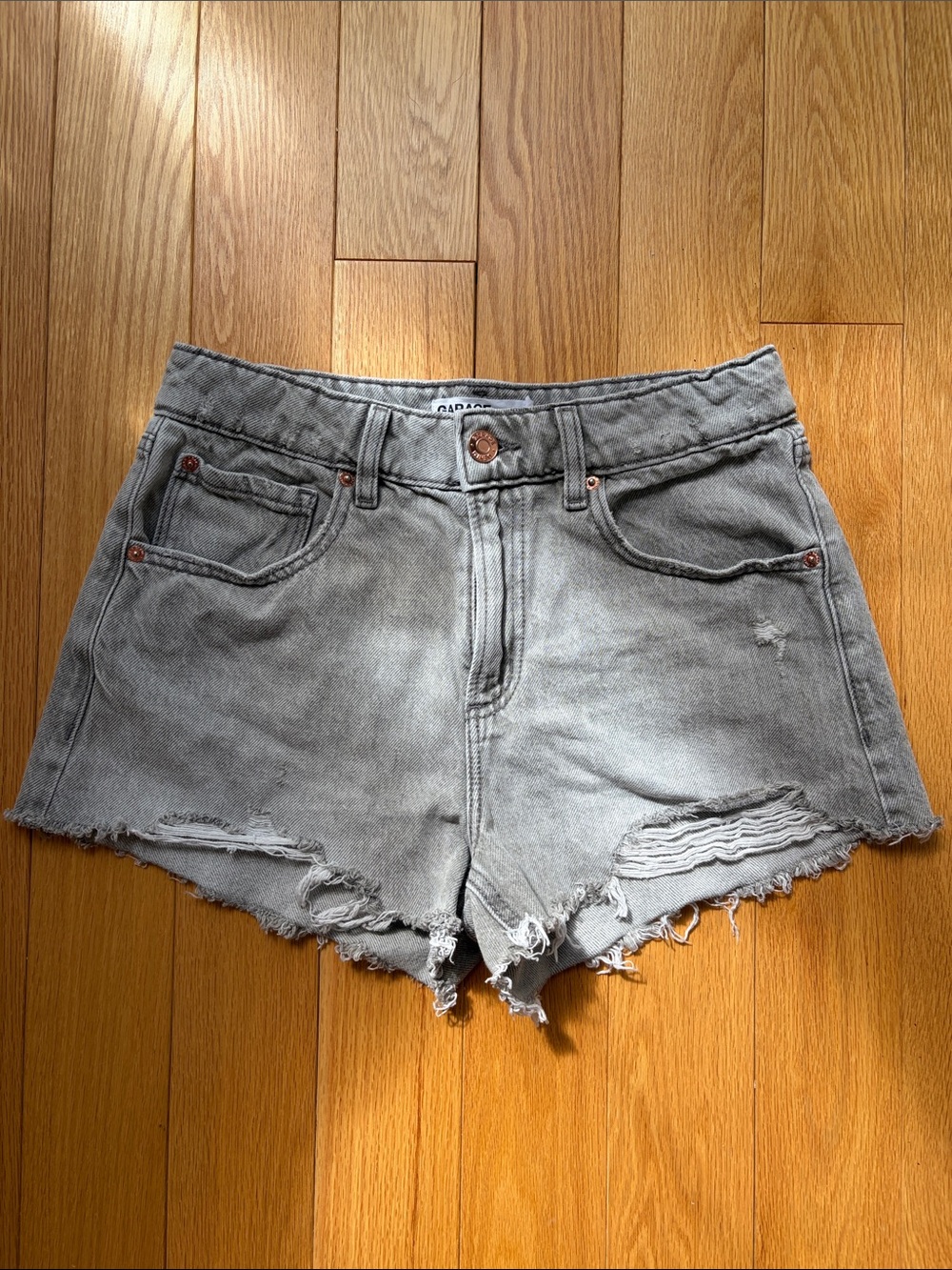 Garage Festival Distressed Grey Denim Shorts Size 26